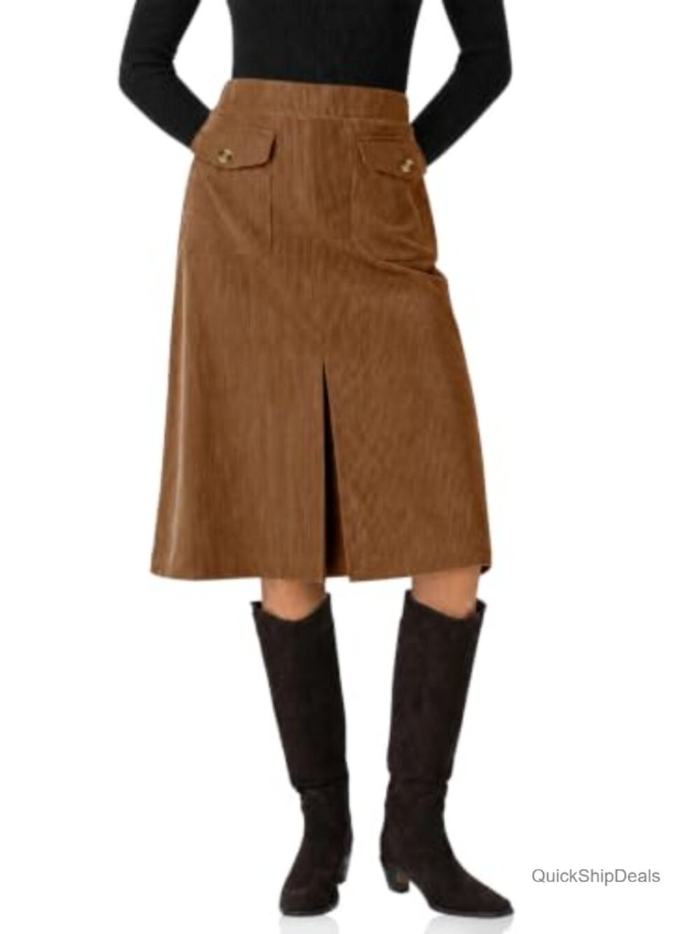 Corduroy Midi Skirt High Rise A-Line Front Slit Pockets Fall